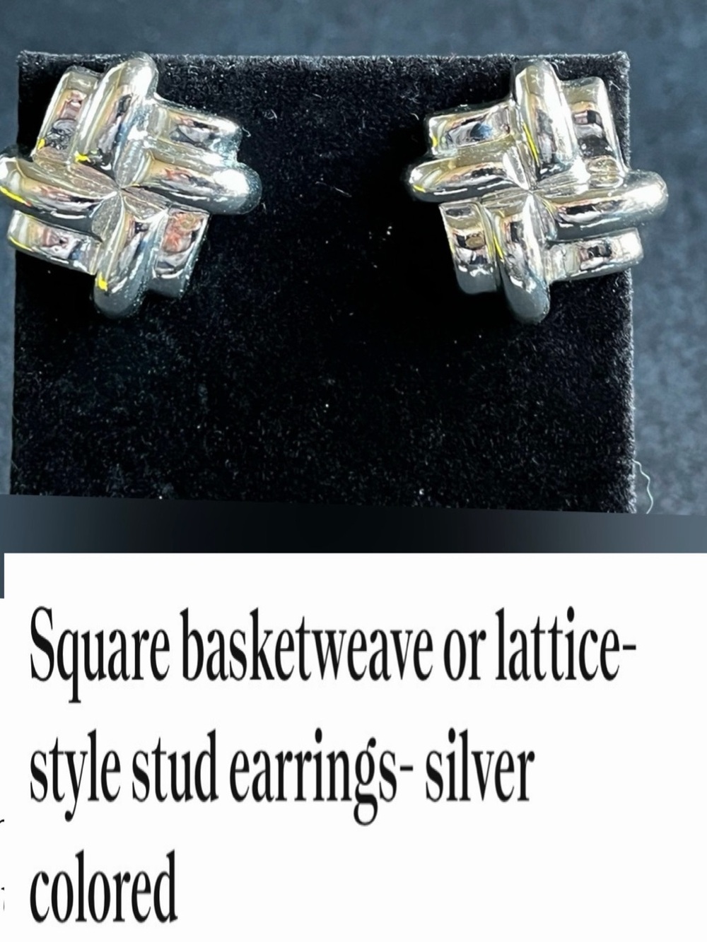 Square basketweave or lattice-style stud earrings- silver colored
